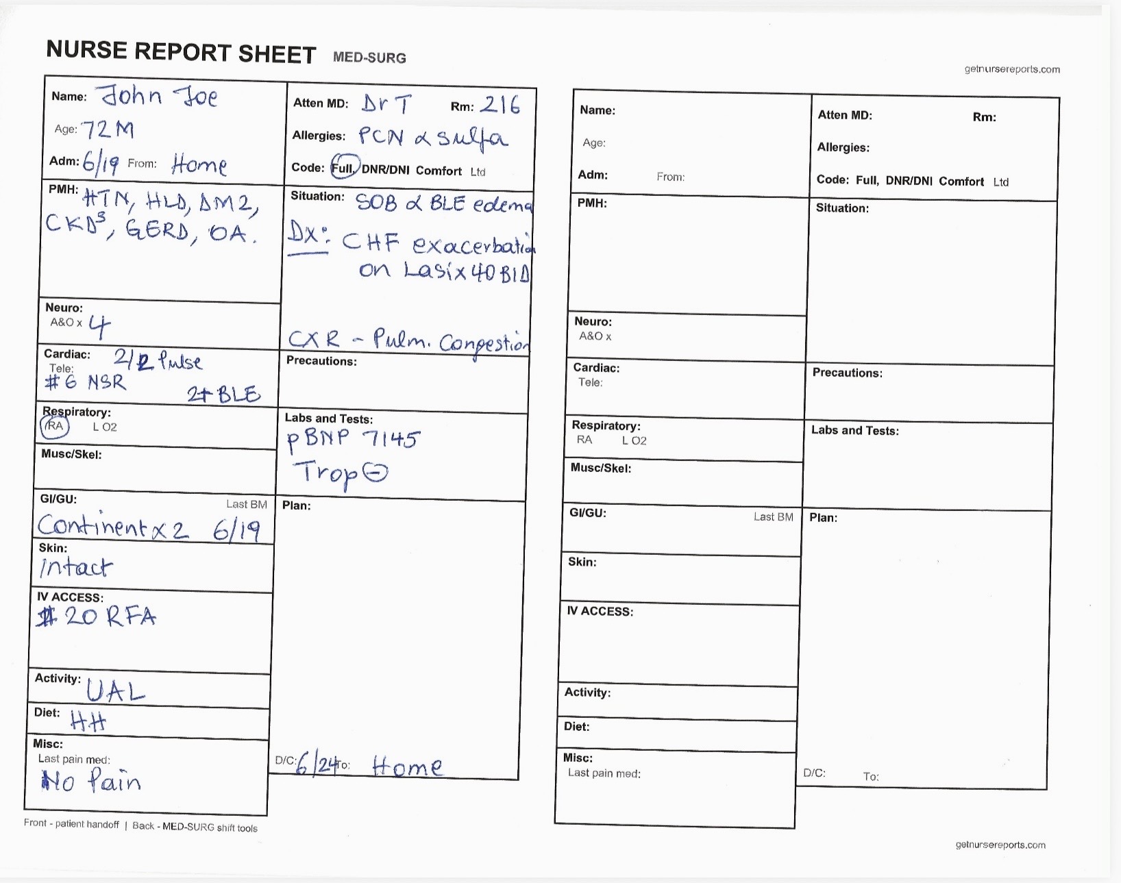 A Med-Surg nursing report sheet filled in by hand with two patient handoffs