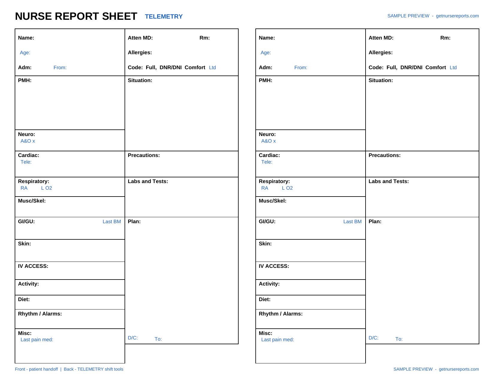 Telemetry nursing report sheet preview
