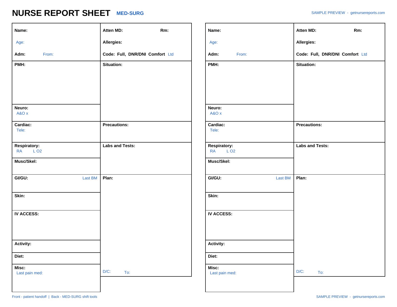 Med-Surg nursing report sheet preview