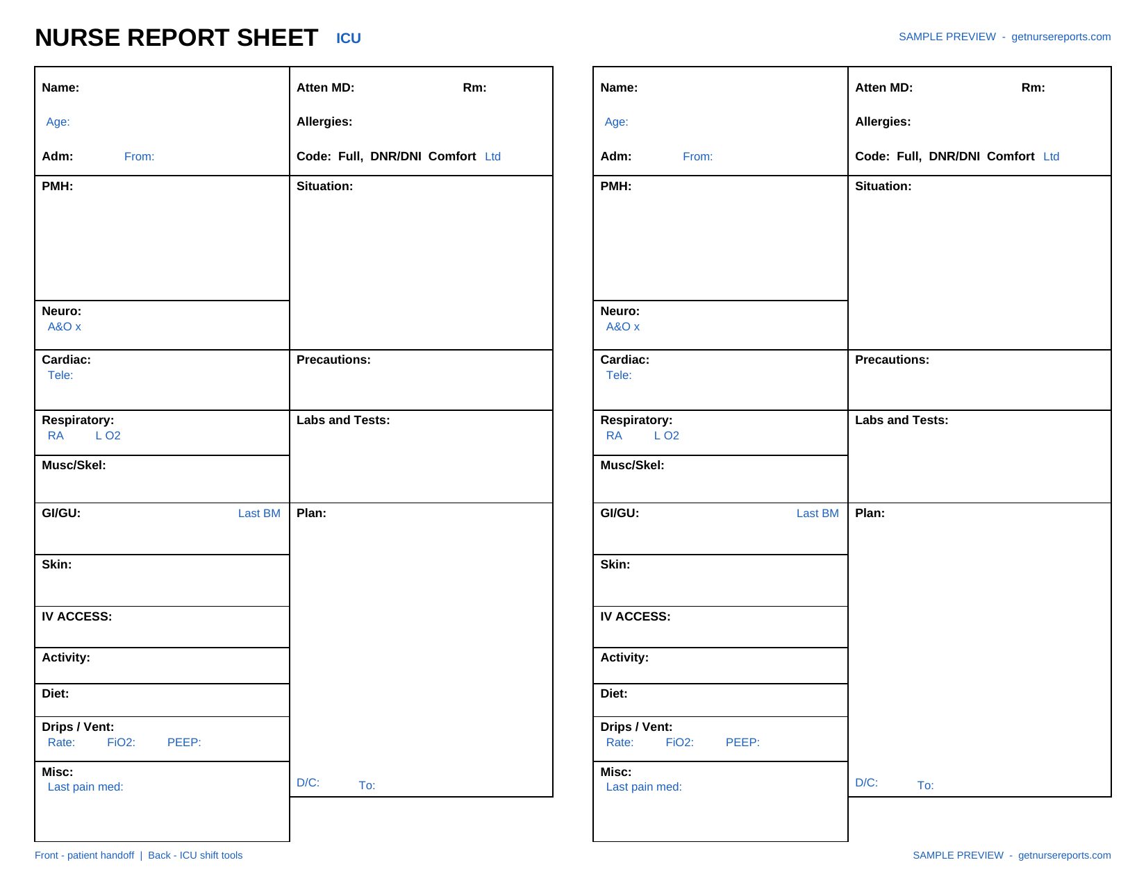 ICU nursing report sheet preview