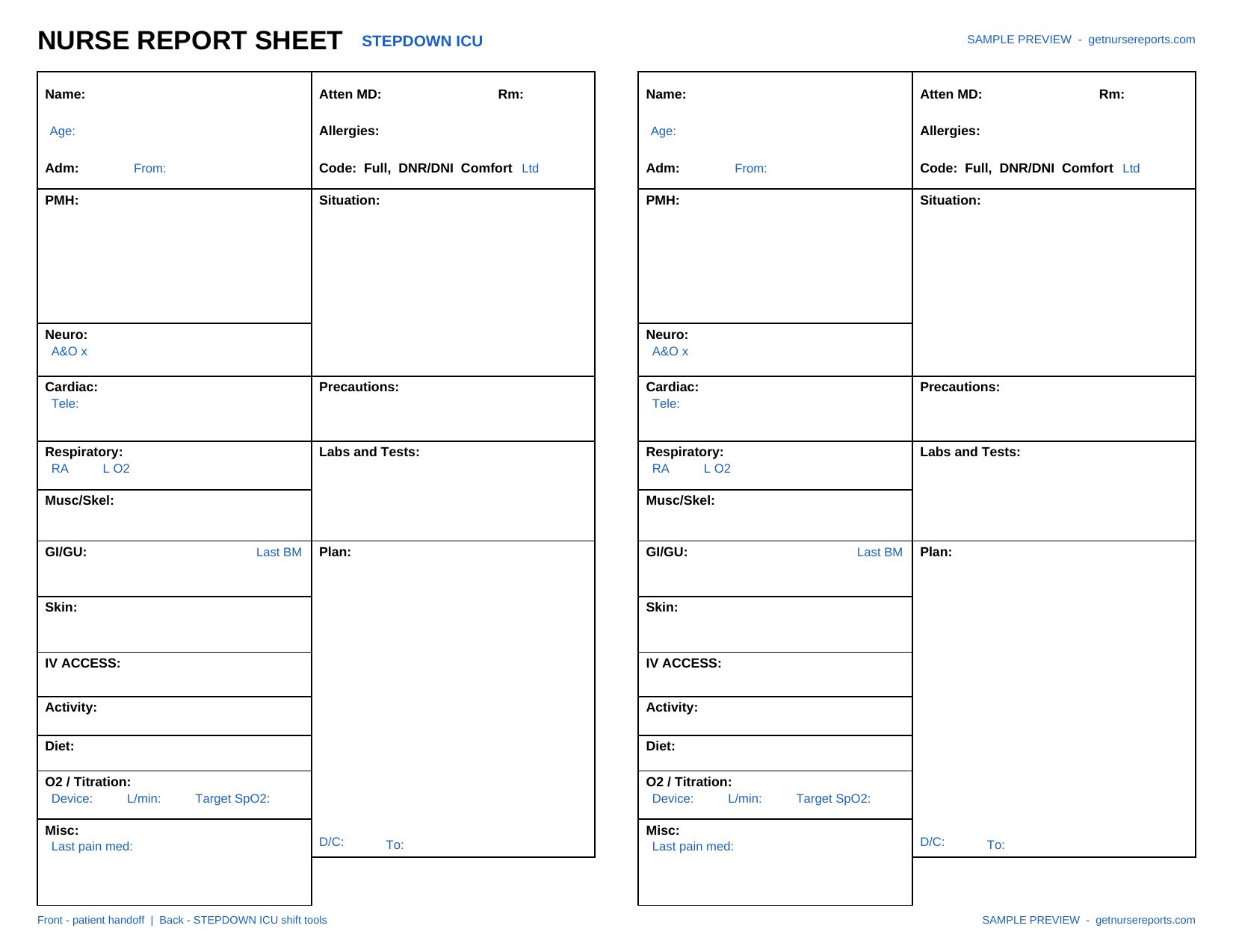 Stepdown ICU nursing report sheet preview