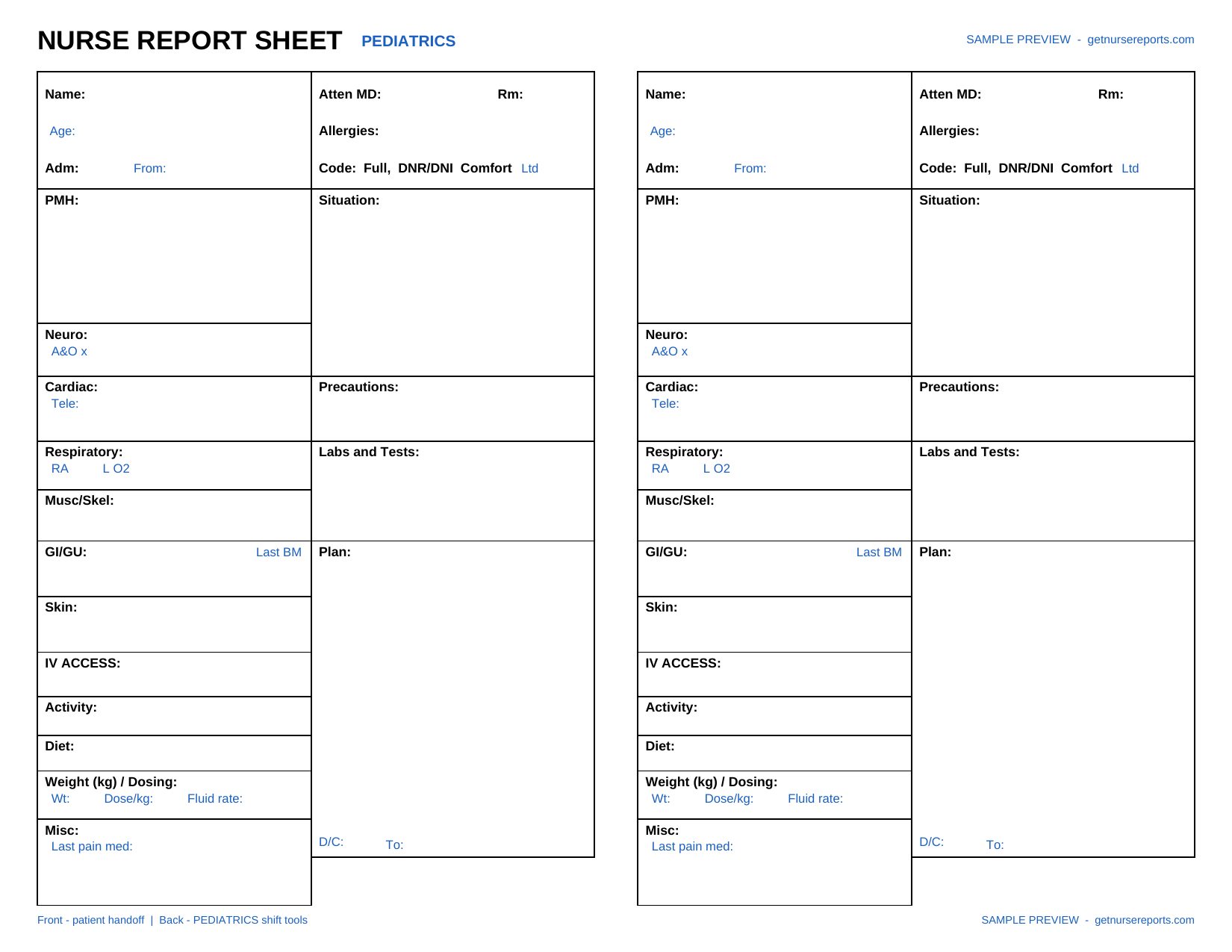 Pediatrics nursing report sheet preview
